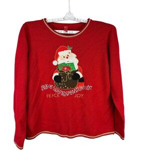 Red Christmas Sweater Santa Peace Joy Embroidered XL 16 18 Acrylic Long Sleeve